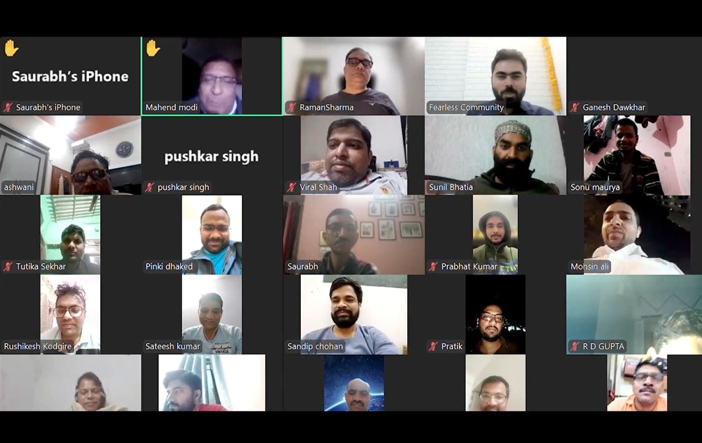 A Fearless Community live class on Zoom, with learners joining from across India